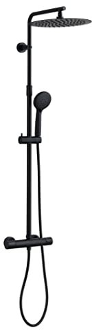 Edouard Rousseau - Columna de ducha Hiramé - 3 chorros, cabezal de ducha orientable, brazo telescópico giratorio - Seguridad antiquemaduras - Flexible 1,35 m - Negro