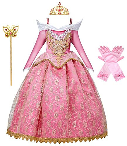 CinheyU Bella Addormentata Carnevale Costumi per Bambine Aurora Principessa Compleanno Abiti Ragazze Natale Halloween Cosplay Cerimonia Festa Tulle Vestito con Accessori 3-4 anni