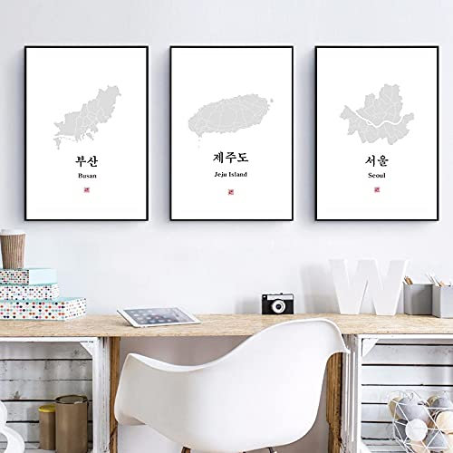 Seoul Korea Map Print Koreanische Buchstaben Moderne Leinwand Malerei Busan & Jeju Island Karte Südkorea Poster Wohnkultur19,6 x 27,5 (50 x 70 cm) x 3 Kein Rahmen