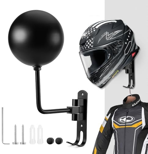 PAHTTO Motorcycle Helmet Rack, Helmet Holder Wall Mount 180 Degree Rotation Helmet Hanger with Double Hook for Coats, Caps, Hats, Motorcycle Accessories