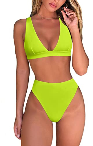 fatty tiger, Bikini da donna a vita alta, perizoma sexy brasiliano a triangolo, top a scollo a V profondo, costumi da bagno a due pezzi, Verde brillante., S