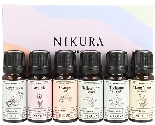 Nikura Best Sellers Essential Oil Gift Set - 6 x 10ml | Essential Oils for Diffusers for Home, Aromatherapy, Sleep, Cleaning, Skin, Spiders | Lavender, Sweet Orange, Peppermint, Tea Tree & Ylang Ylang
