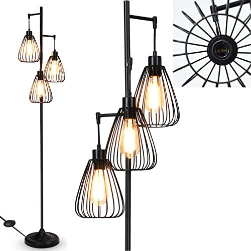 RELAX4LIFE Lampadaire Rétro pour Salon avec 3 Abat-jour en Métal Noir Hauteur 170 cm Interrupteur au Pied pour Salon, Chambre, Bureau, Ampoule Non-inclus