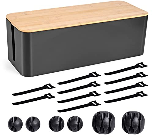 Tuwechen Cable Management Box, Wooden Style Large Cord Organizer Box | Wires & Power Strips Cord Hider, Desk Computer Cable Organizer, 16 (L) x 6.2 (W) 5.3 (H), for Home & Office, Black