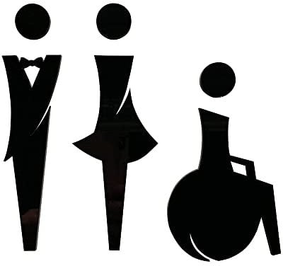 Pictogramme WC en relief. Plexi noir, blanc, miroir argent ou or. Lot de 3 plaques porte Toilettes hommes, femmes, handicapés autocollantes - Plexi noir -