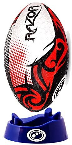 Optimum Razor Rugbyball – perfekt für Training und Gameplay, tolle Flug- und Luftrückhaltung, gummierte Oberfläche für Griffigkeit, 2-lagig, 410 g – Schwarz/Rot, Größe 3 – inklusive Kicking Tee