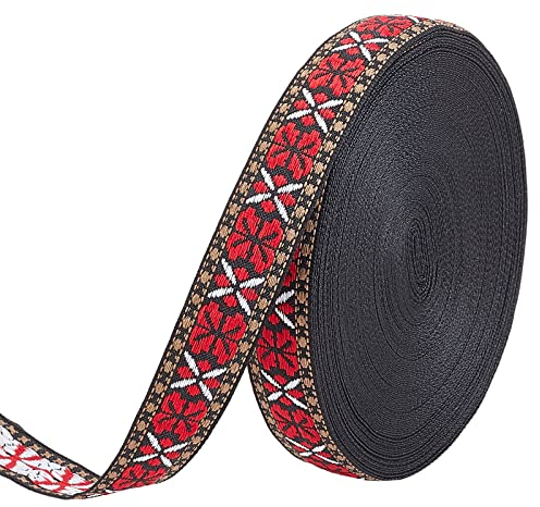 FINGERINSPIRE 18.3m 20mm Schwarz Rot Vintage Jacquard Band Floral Schmetterling Muster Gesticktes Gewebte Borte Ethnischer Stil Polyester Bänder Nähen Basteln Jacquard Borte für Verschönerung