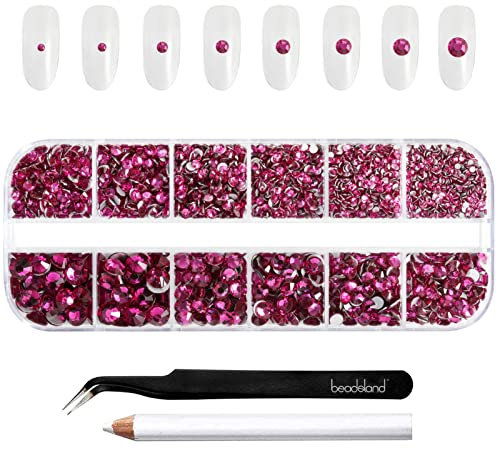 Beadsland Rhinestones for Makeup,8 Sizes 2500pcs Glass Flatback Rhinestones Eye Gems for Nails Crafts with Tweezers and Wax Pencil,Fuchsia,SS4-SS30