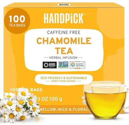 HANDPICK Té de Manzanilla | 100 Bolsitas Redondas Ecológicas | Sin Cafeína y No-OGM | Con Flores de Manzanilla 100% Puras | Mezcla Floral Herbal | Sellado al Vacío para Frescura