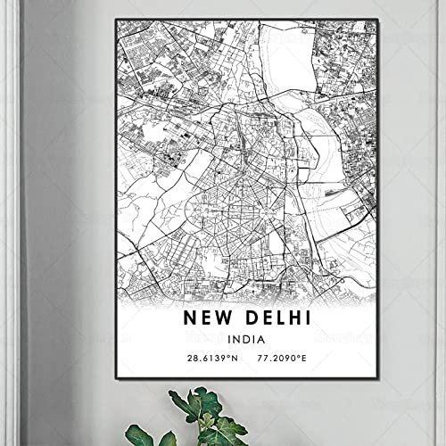 JACBON Schwarz-weißer Stadtplan The New Delhi Map Poster HD Print Wall Art Canvas Nordic Landspace Painting for Home Decor 50x70cm Frameless
