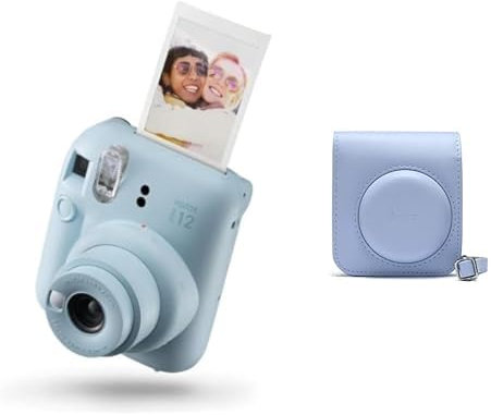 Instax Mini 12 Cámara instantánea, con autoexposición y Lente selfi incluida, Pastel Blue & Funda para Cámara Mini 12, Color Pastel Blue, Medida Única