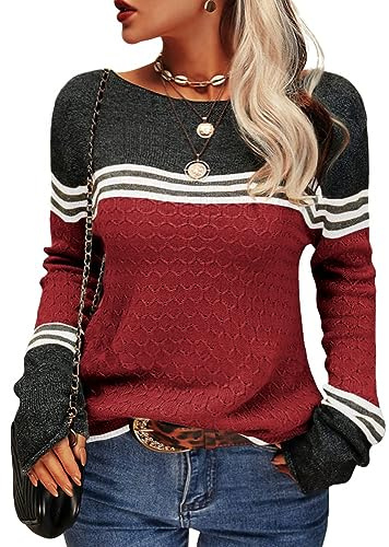 Tankaneo Damen Pullover Colorblock Langarm Rundhals Strickpullover | Langarmshirts,Häkelpullover,Gestreift,Slim Fit,Strickwaren,Tops,Casual,Sweatshirt,Obertiele,longpullover
