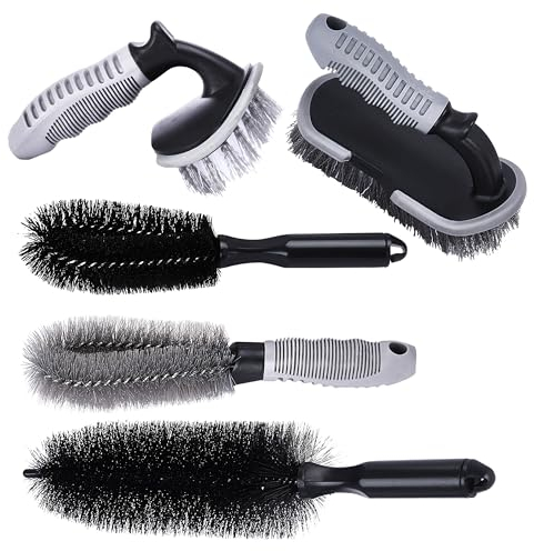 EasyGleam Cleaning Brushes Set of 5 - Auto Detailing Cleaner Tools for Cars, Trucks, Motorcycles, Bikes - Shower Cleaning Brush - Effortlessly Wash and Remove Dirt - Brushes for Small Spaces (Grey)