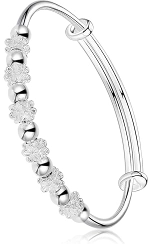 Abeillo Silber Bead Spinner Armreif Armband Einstellbar, Fidget Armband Angst Relief Schmuck Geschenk für Frauen Mädchen Damen Geburtstag Valentinstag Graduierung Neujahr Geschenk