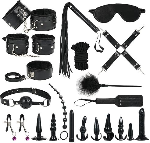 BDSM Sex Bondage Set 21 Stück Sexspielzeug für Paare Extrem Sex Ondageset Fessel Set Handschellen Peitsche Nippelklemmen Knebel Analplug Set für Anfänger und Erfahrene Paare