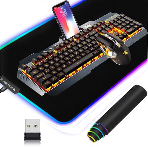 K670 Kabellose Gaming-Tastatur,Maus und Großes Mauspad,3-Teiliges Set,104 Tasten,UK-Layout-Tastatur,2,4 G Kabellos,Oranges LED-Licht,3000 mAh Akku,Gaming-Maus,Bis zu 2400DPI,RGB-Mauspad,für PC/MAC