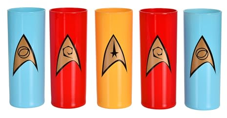 Elbenwald Star Trek Gläser 5er Set mit verschiedenen Motiven 300 ml Fassungsvermögen 16 cm Höhe für Fans gelb blau rot