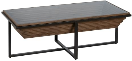LOLAhome Mesa de Centro Tallado pirámide de Madera y Cristal Templado Negra y Natural de 120x60x43 cm