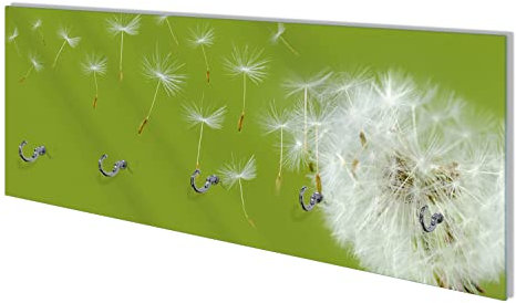 Wallario Wandgarderobe aus Glas in Größe 80 x 30 cm mit Memoboard-Funktion, Motiv: Pusteblume auf der Wiese mit fliegenden Samen | 5 Kleiderhaken zum Aufhängen von Jacken