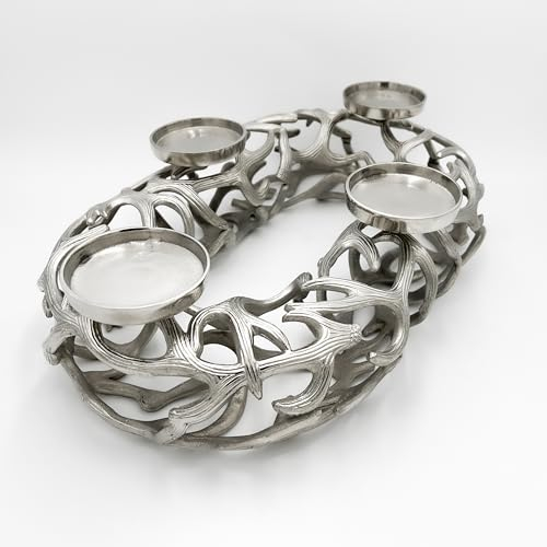 Großer Adventskranz Geweih aus Metall, silberfarben, 50x30x14 cm
