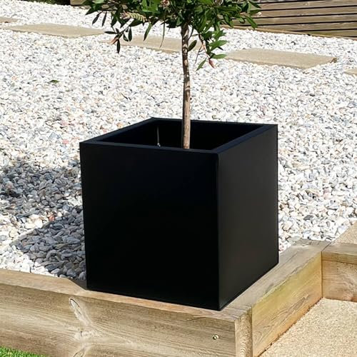 Black Aluzinc Cube Planter - Zinc Lightweight Outdoor Patio Garden Pot with Drainage, Weatherproof & Corrosion-Resistant, 10-Year Warranty - Small/Medium/Large (40cm)