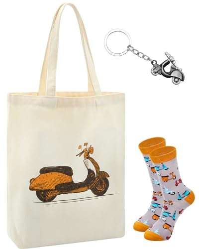 Gulfmew 3 Stück Motorrad Roller Geschenke Set Motorrad Schlüsselanhänger aus Metall Lustige Socken Motorrad Tote Stofftasche Fahr Vorsichtig Glücksbringer für Weihnachten Fahrer Herren Damen