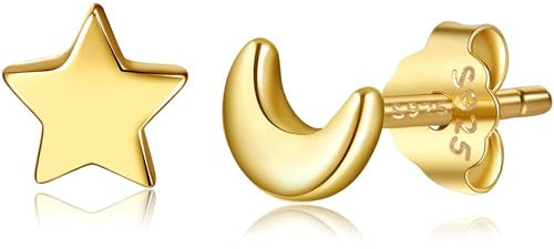 CHIC & ARTSY Mond- und Stern-Ohrringe, 925er Sterling-Silber-Ohrstecker, kleine goldene Stern-Ohrstecker für Damen, 6 mm