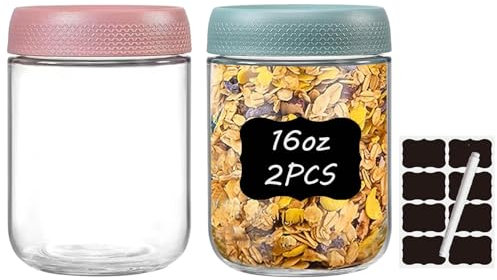 Glass Jars with Lids 2 Pack 16oz Overnight Oats Meal Prep Portion Control Containers Snack Pudding Yogurt Cereal Salad Food Storage Cups Bowls Airtight with Stickers and Marker