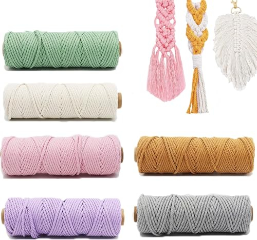 6 filati macramè, corda di cotone multicolore, 3 mm, in cotone naturale, per lavori fai da te, piante sospese, fioriere, fai da te, decorazione da parete (50 m-02)