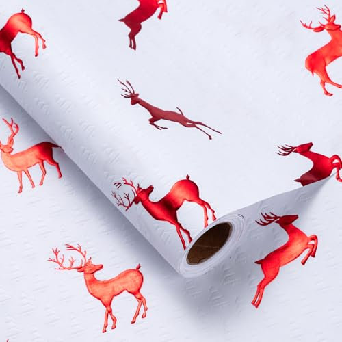 LeZakaa 3D-Geschenkpapierrolle für Weihnachten, Hirsch- und Weihnachtsbaum-Muster mit roter Folie, geprägt, weiß, für Feiertage, Partys, 43,2 cm x 16,4 m