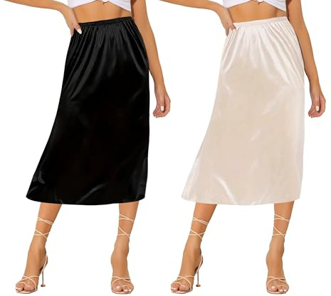 Ellames Women's 2 Pieces Half Slips for Under Dresses Satin Long Underskirt Half Slip Shirt Skirt Extender Black & Nude 27 Large