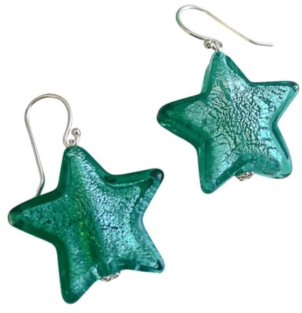 Murano Glas Ohrringe Blau Grün 22mm, Sterne, Sterlingsilber - Geburtstagsgeschenk - Weihnachtsgeschenk - Handgefertigte Geschenkideen für Frauen