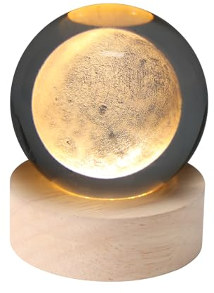 Lhdfyqt 3D Mond Crystal Ball, Astronomie LED Ball, 3D Kristallkugel Nachtlicht, 3D Kristallkugel mit LED Nachtlicht Basis, mit Holzsockel, USB Aufladung, Astronomie Geschenk