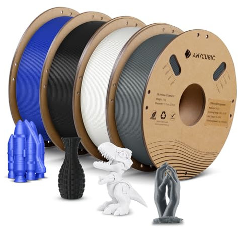 ANYCUBIC PLA+ Filament 1.75mm, 4KG PLA Plus 3D Drucker Filament, Hohe Zähigkeit, RFID für Intelligentes Drucken, Schwarz&Weiß&Grau&Blau(4PCS)