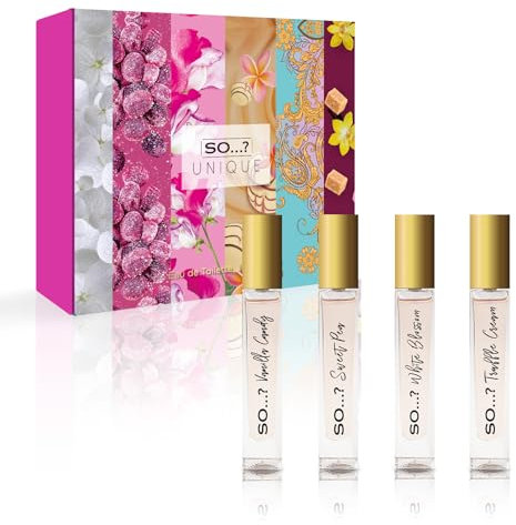 So... ? Coffret unique parfums féminins de qualité supérieure, Vanilla Candy, Sweet Pea, White Blossom, Truffle Cream Eau Toilettes, parfum de voyage pour filles (4 x 14ml)