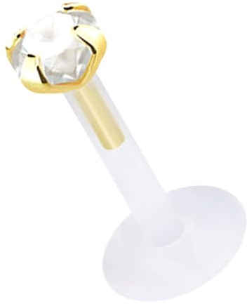 Teflon Labret Stecksystem in 1,2 mm und Gold Aufsatz mit Stein in klar