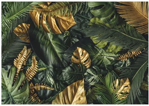 WallArena - Vlies Fototapete Blätter grün gold Monstera Pflanzen Natur 400x280 cm - Fototapeten - Tapeten - für Wohnzimmer Schlafzimmer - Vliestapete Wandtapete Tapete 3D Effekt- inkl. Kleister