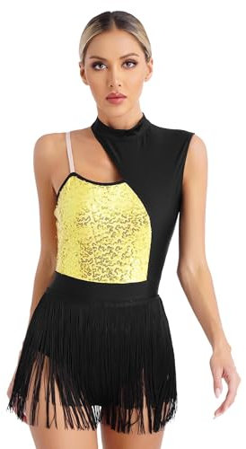 Xnihocha Damen Latein Tanzkleid Glitzer ärmellos Latein Tanztrikot Ballettanzug Kontrast Farbe Tanzbody mit Fransen Tanzkostüm Gold L