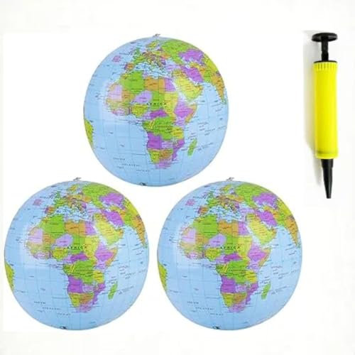 Aufblasbarer Erdkugel,PVC Weltkugel,Geographie Weltkarte,3PC Aufblasbare Kugeln mit Ballonpumpe Wasserball Aufblasbar für Garten Strand Pool Wissenschaft Geographie Bildung