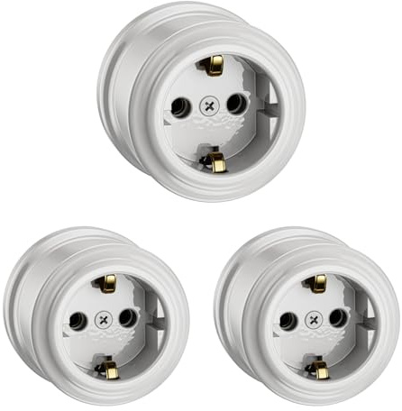 ledscom.de 3x Aufputzsteckdose Porzellan PORS, weiß glänzend, rund, ⌀ 65 mm