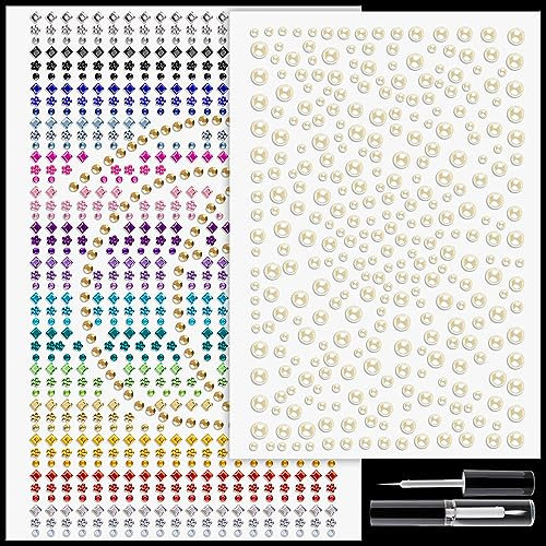 Rhinestone and Pearl Stickers 3/4/5/6mm Multi Shapes Rainbow Sticky Gems and Beige Adhesive Pearl, with Makeup Glue for Makeup Eyes Face Hair Body Nails, Crafts and Decorations