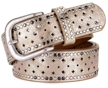 Jalach Damen Nieten Gürtel mit Stern Loch, breiter Ledergürtel, kürzbar Jeansgürtel, Leder Nietengürtel Glitzergürtel (Hellgold)