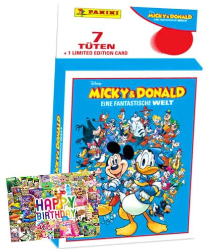 Bundle mit Panini Mickey & Donald Sticker - Fantastische Welt Sammelsticker (2025) - Auswahl + Exklusive Geburtstagskarte (1 Blister)