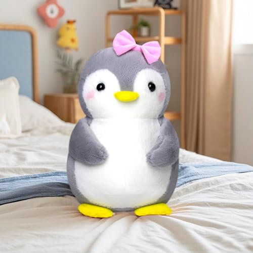 Celawork Pinguino di peluche, pinguino, simpatico pinguino per bambini, regalo per ragazzi e ragazze (fiocco rosa, 45 cm) + biglietto di auguri squisito