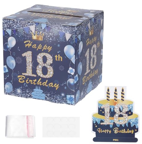 PATIKIL 18th Birthday Money Box for Cash Gift, Birthday Money Pull Box with 100pcs Transparent Bags for Birthday Surprise Card Party Decorations Women Girl Men Boy Best Friend, Blue