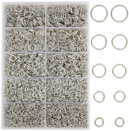 SOFPLATE 1 Box 4200Pcs 5 Sizes Silver Jump Rings Jump Hoops Bulk Set Iron Unsoldered Round Chainmail Connector Rings for Jewellery Making Earring Necklace Bracelet Pendant Crafts Supplies Repair