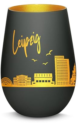 Gravur-Max Windlicht mit 360° Gravur Skyline Leipzig Deko Glaslicht als tolles Geschenk mit Einer hochwertigen Lasergravur zu jedem Anlass in der Farbe Schwarz/Gold