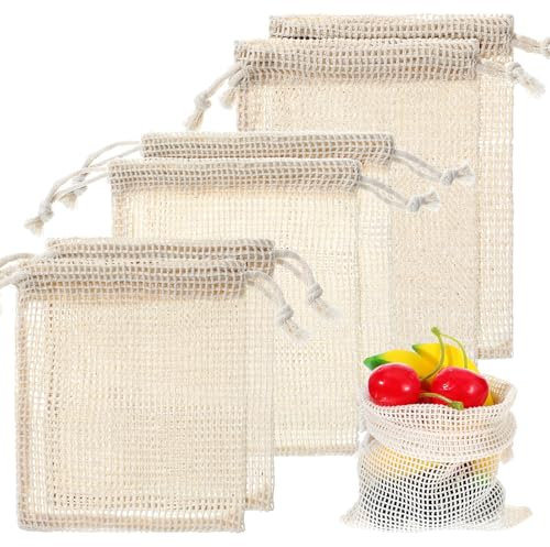 AOUZO 6 Stück Einkaufsbeutel aus Baumwollnetz, 3 Größen Wiederverwendbare Gemüsebeutel mit Kordelzug Obstbeutel Aufbewahrungsbeutel für Lebensmittel für Gemüse, Obst und Lebensmitteleinkauf