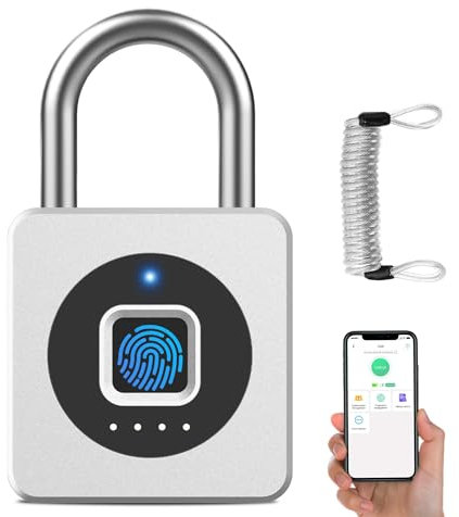 Vorhängeschloss Fingerabdruck, Dhiedas Bluetooth Schloss mit Fingerabdruck und APP, 43MM Vorhängeschloss Klein mit 6MM Dicker Schäkel für Fitnessstudio, Spind, Schule - Silber, mit Kabel