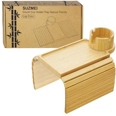Couch Cup Holder Tray, 3 in 1 Couch Arm Table, großer Bambus-Sofa-Armlehnen-Tisch mit 360°-Becherhalter, Abnehmbarer Rutschfester Organizer für Snack-Getränke-Esstisch